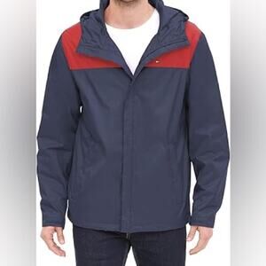 NWOT Tommy Hilfiger Hooded Rain Nylon Slicker Jacket Navy Red Size Medium